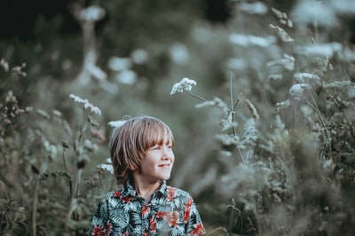 男孩的红色和绿色花朵纽扣领上衣面带微笑的草地